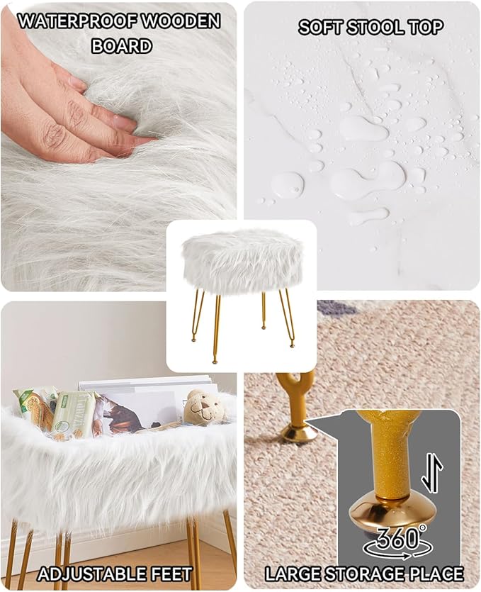 IBUYKE Rectangular Faux Fur Vanity Stool with Storage, Furry Makeup Chair Ottoman, Soft Padded Seat, Round Footrest Footstools with 4 Metal Legs, for Living Room Bedroom Entryway, White WBD022W