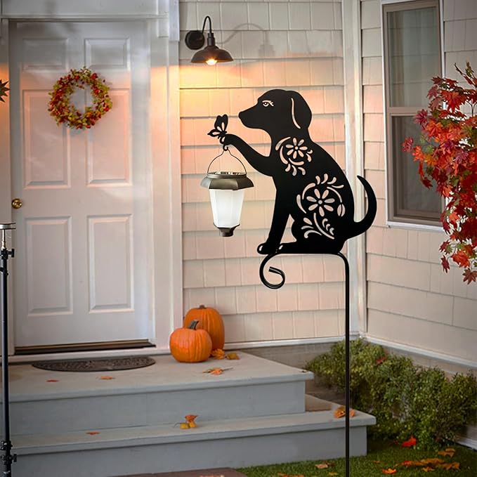 Dog Holding Solar Lantern Decorative Garden Stakes Outdoor Metal Dogs Decorative Stakes for Yard,Lawn,Patio,Pathway (Dog Decor Stakes)