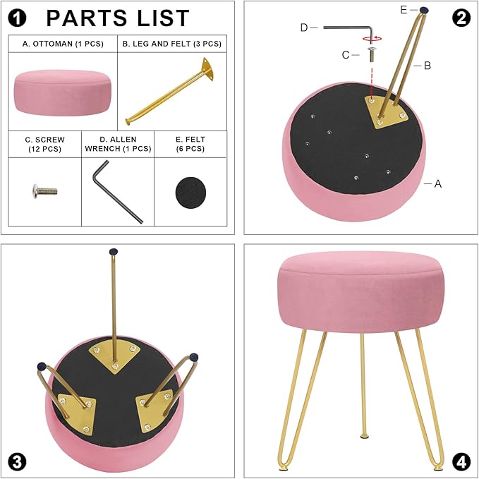 Velvet Soft Modern Vanity Stool -Round Footrest Stool Ottoman Side Table Seat Dressing with Golden Metal Leg and Sponge Filling,Upholstered Foot Rest, for Living Room and Bedroom Pink