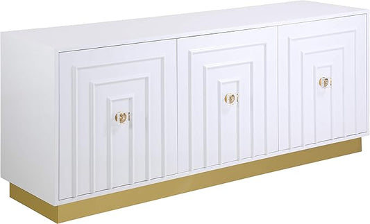 Meridian Furniture Cosmopolitan Collection Modern | Contemporary Sideboard/Buffet with Durable Gold Stainless Steel Base, 70" W x 18" D x 30" H, White Lacquer