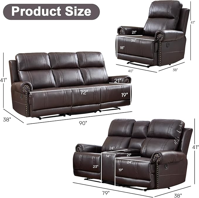 EBELLO Faux Leather Electric Reclining Sofa Set, Power Recliner Six Seats Sofa Set, a Chair, Loveseat and 3-Seat Sofa with Charging Ports, Vintage Rivet Design for Living Room, Meeting Room, Brown