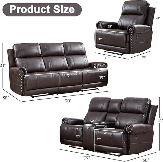 EBELLO Faux Leather Electric Reclining Sofa Set, Power Recliner Six Seats Sofa Set, a Chair, Loveseat and 3-Seat Sofa with Charging Ports, Vintage Rivet Design for Living Room, Meeting Room, Brown