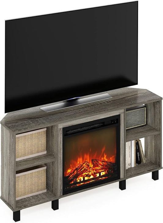 Furinno Jensen Corner Fireplace TV Stand with 4 Open Compartments for TV up to 55 Inches, French Oak Grey