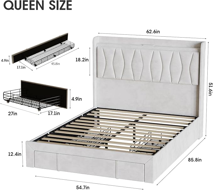 Fameill Queen Size Bed Frame with LED Light and 3 Drawers Storage, Upholstered Velvet Platform Bed Frame with Charging Station, Wingback Tall Headboard, No Box Spring Needed, Beige