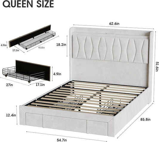 Fameill Queen Size Bed Frame with LED Light and 3 Drawers Storage, Upholstered Velvet Platform Bed Frame with Charging Station, Wingback Tall Headboard, No Box Spring Needed, Beige