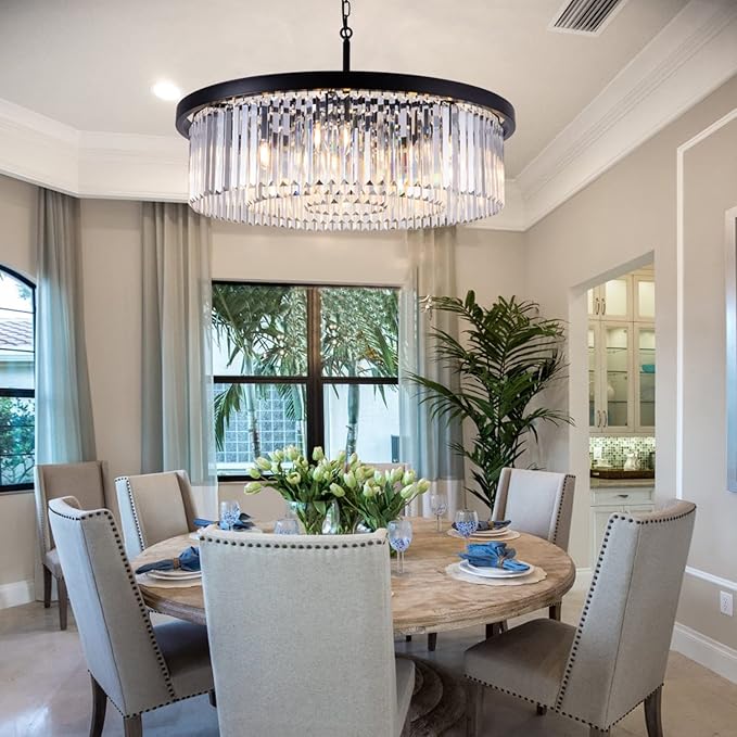 Wellmet Crystal Chandeliers for Dining Room,9 Lights Modern Black Crystal Pendant Light,Farmhouse Chandelier for Bedroom,Ceiling Lighting Fixture for Kitchen Island,Living Room,Hallway,W-33.46”