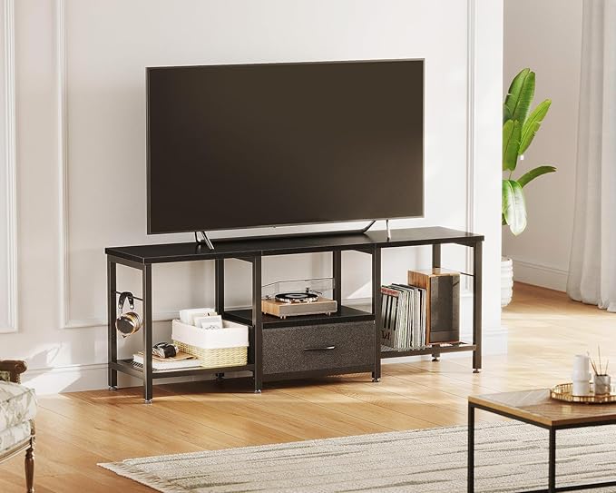 Casaottima 47" TV Stand with Open Storage Shelves for 43, 50 Inch TV, Entertainment Center with Fabric Drawers, TV Console Table with Soundbar Shelf TV Stand for Living Room Bedroom, Pure Black
