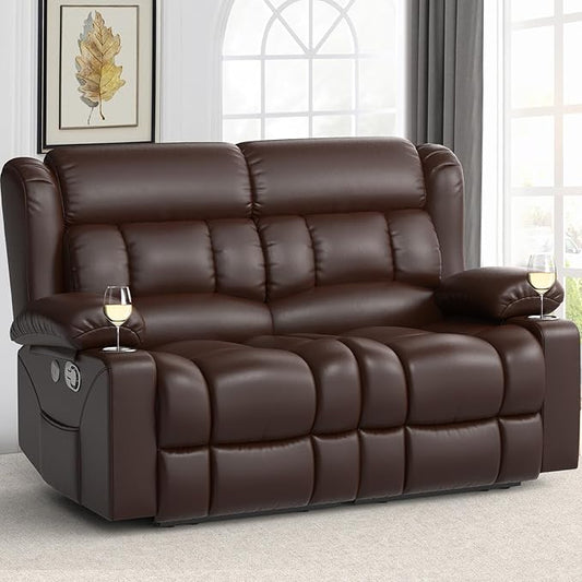 FURNIMAT New Loveseat Recliner Sofa, 2 Seater Reclining Loveseat Sofa, PU Leather Dual Recliner Chair, Modern Loveseat Couch for Living Room, with Cup Holder and USB Ports, Brown