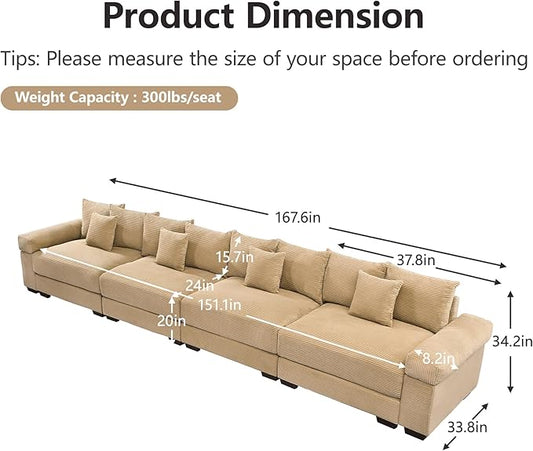 KEIKI 168" Oversized Corduroy Modular Cloud Sectional Sofa with High-Density Foam Cushions, Extra-Thick Armrest, Upholstered Modern 4-Seater Fluffy Corner Couch with 12 Pillow, for Living Room, Camel