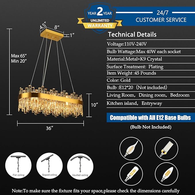 Gold Crystal Chandeliers for Dining Room, 20 Lights Modern Oval Chandelier for Lining Room, Rectangular Crystal Pendant Light Fixture for Kitchen Island Bar L36 Inch