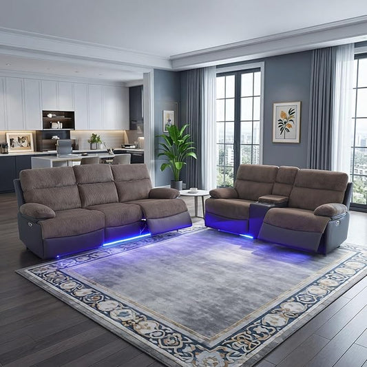 Power Corduroy Recliner Sofa Set with LED Light,Reclining Sofa and Loveseat Set with USB Port/Cup Holder/Storage,Luxury Corduroy Couch for Living Room/Home Theater(3+2 Seats,Brown)