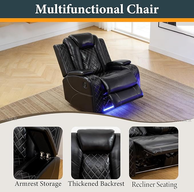 Power Recliner Sectional Sofa Set, Black Leather Sectional Couch, Loveseat and Chair for Living Room, L Shape Reclining Sofa with Cup Holder, Hidden Storage, Coffee Table for House(9 Seat)
