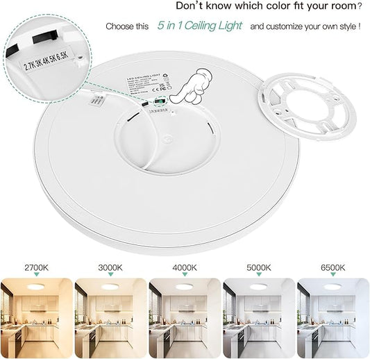 Brightever 12 Inch LED Ceiling Light Flush Mount, 24W 3200LM 0.67 Inch Thickness Close to Ceiling Light Fixtures, 2700K/3000K/4000K/5000K/6500K Color Selectable Light Fixtures Ceiling Mount, 6 Packs