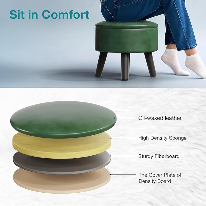 Small Foot Stool Ottoman with Storage, Faux Leather Ottoman Foot Rest for Couch, Round Footstool Ottomans for Living Room (Green)