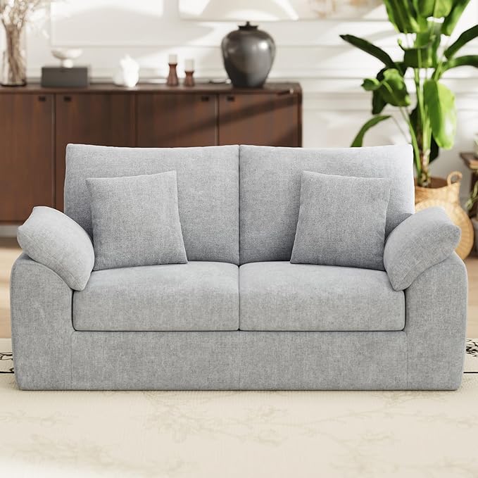 MALOL 76" Boneless Loveseat Sofa, Cloud Foam Couch, 3 Seater Upholstered Midcentury Mondern Love Seat, Wide Armrest and 4 Pillows for Home Living Room/Small Spaces, No Assembly Required, Grey