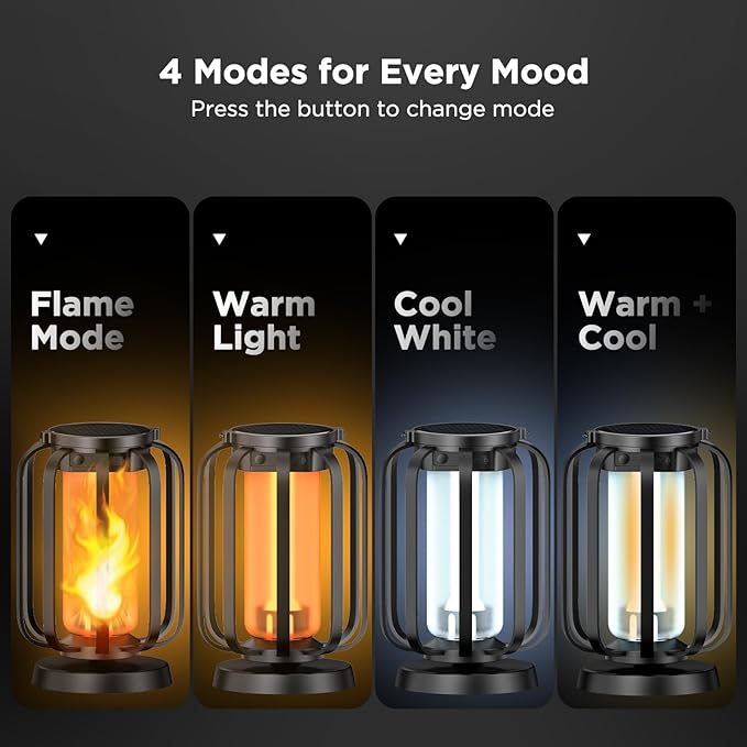 Hompavo Gen2 Solar Lanterns Outdoor Lights with Ultra-Real Flame, 2 Charging (USB/Solar) & 2 Modes - Waterproof Decorative Hanging/Table Lights for Pathway Yard Patio Garden Decor Gifts for Women, 4