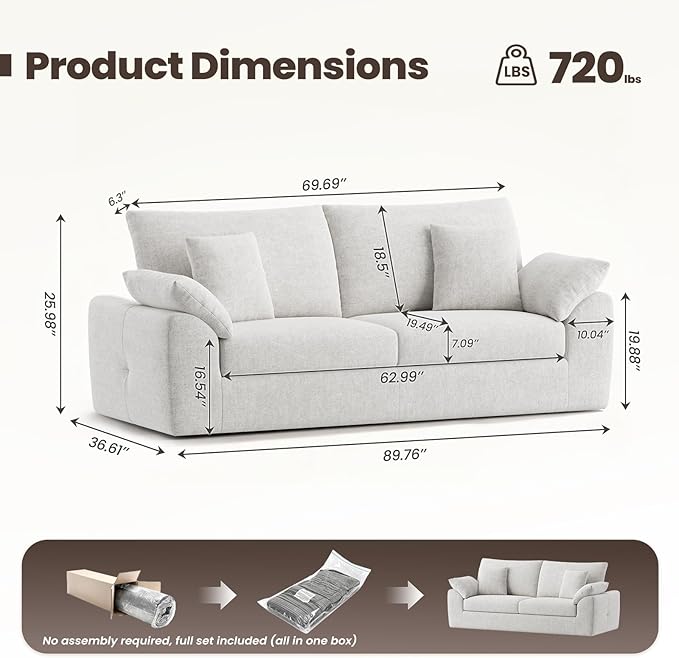 MALOL 90" Boneless Loveseat Sofa, Cloud Foam Couch, 3 Seater Upholstered Midcentury Mondern Love Seat, Wide Armrest and 4 Pillows for Home Living Room/Small Spaces, No Assembly Required, Beige