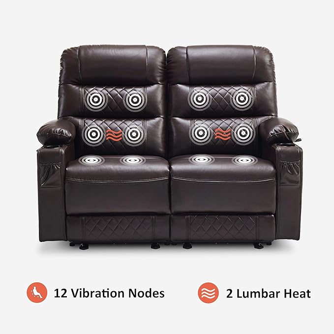 MCombo 56.3" Zero Gravity Power Loveseat Recliner with Heat and Vibration Massage, Reclining Loveseat Sofa with USB Ports, Cup Holders for Living Room, Faux Leather PR622Sets (Dark Brown)