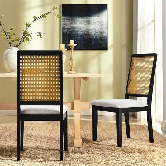 Modway Arlo Wood and Faux Rattan Dining Chairs Set of 2 in Black Natural Heathered Weave Ivory - Modern Farmhouse Accent Chairs - Fabric Upholstered Chairs for Dining Room