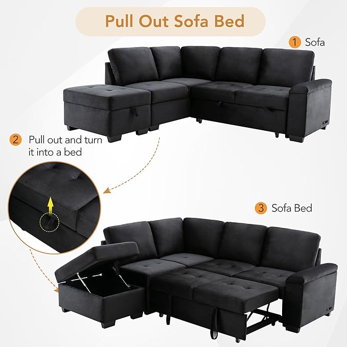 Merax Sofa Bed Sleeper Couch L Shaped Sofa with Storage Ottoman, L-Shape Sectional Couch with Comfortable backrest for Living Room and Small Apartment (Black)