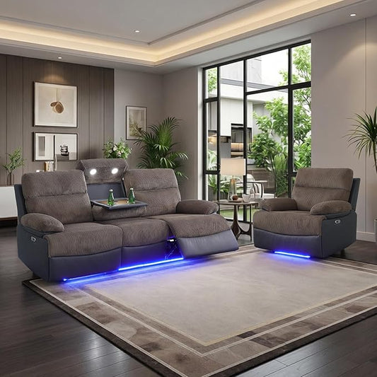Power Corduroy Recliner Sofa Set with LED Light,Reclining Sofa and Chair Set with Coffee Table/USB Charger/Storage,Corduroy Couch for Living Room Furniture Sets(3+1 Seats,Brown)