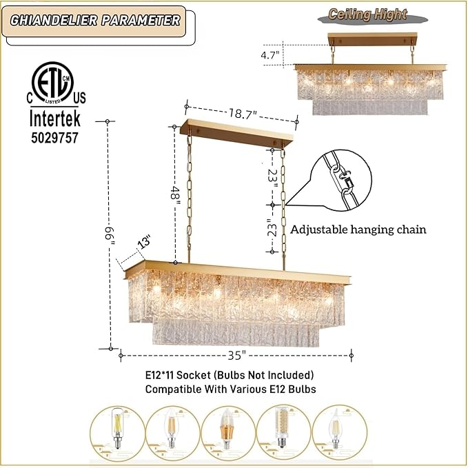 35.4 Inch 11-Light E12 Modern Dining Room Chandelier, Kitchen Island Chandelier Black Rectangular, Water Ripple Glass Adjustable Hanging Ceiling Light Fixture