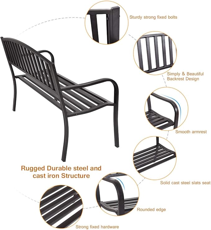 Giantex Outdoor Bench, 50” Patio Garden Bench with Steel Frame, Slat Design, 500 Lbs Weight Capacity, Patio Seating Bench for Porch, Backyard, Poolside, Outside Decor Furniture, Park Loveseat, Black