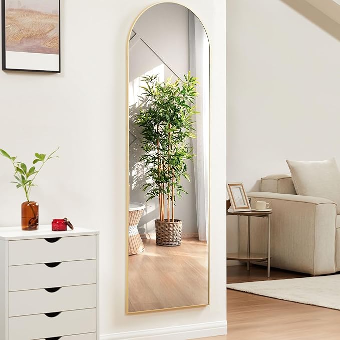 OLIXIS Arched Full Length Mirror 59"x16.3" for Bedroom, Full Body Mirror with Stand, Hanging or Leaning for Wall, Aluminum Alloy Thin Frame Floor Standing for Living Room, Long, Gold