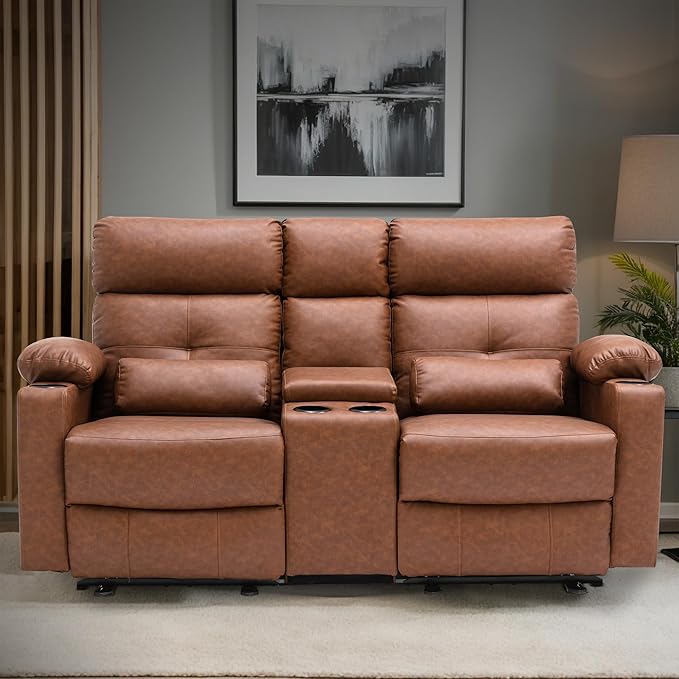 GUEAPY 68" Power Reclining Loveseat with Heat & Massage, Wall Hugger Double Reclining Sofa with Console, Cup Holders & Storage, Power Reclining Couch for Camper, Trailer, RV, Home Theater Living Room