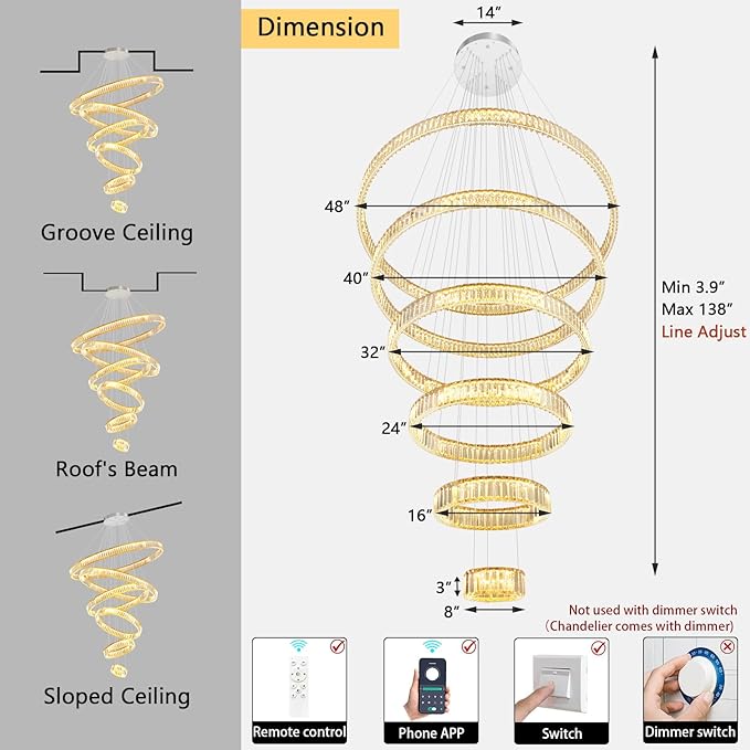 Large Ring Chandelier Modern Crystal Chandeliers for High Ceiling Round LED Dimmable Ceiling Light Fixture for Foyer Long Stair Silver 8''+16''+24''+32''+40''+47''