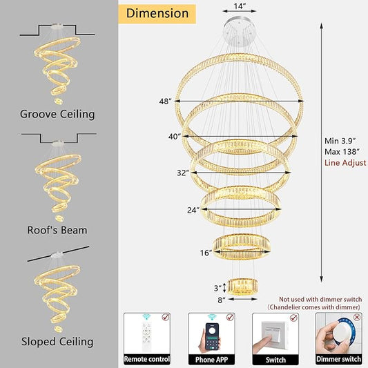 Large Ring Chandelier Modern Crystal Chandeliers for High Ceiling Round LED Dimmable Ceiling Light Fixture for Foyer Long Stair Silver 8''+16''+24''+32''+40''+47''