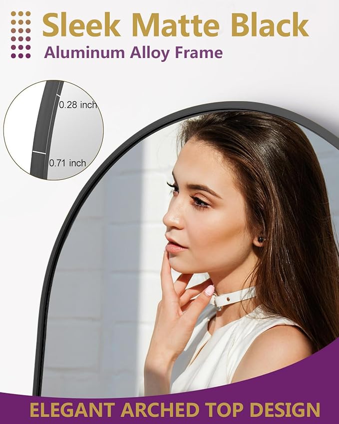 58"x18" Arched Full Length Mirror - Wall/Floor Mounted with Stand, Shatter-Proof Glass & Aluminum Frame, Large Body Mirror for Bedroom, Living Room, Entryway or Cloakroom, Black