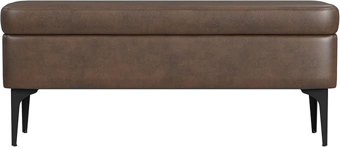 HomePop Upholstered Storage Bench with Metal Leg, 42" W, Brown PU Leather