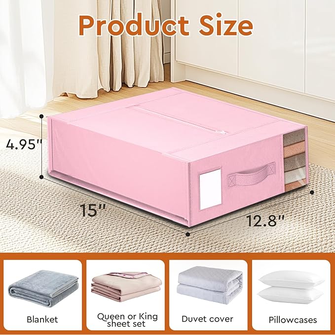6 Pack Bed Sheet Closet Organizers and Storage,Sturdy Foldable Storage Containers with Window and Label,Storage and Organization for Bedding Sheets,Duvet Covers,Blankets (Pink)