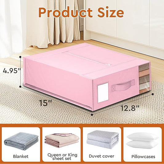 6 Pack Bed Sheet Closet Organizers and Storage,Sturdy Foldable Storage Containers with Window and Label,Storage and Organization for Bedding Sheets,Duvet Covers,Blankets (Pink)