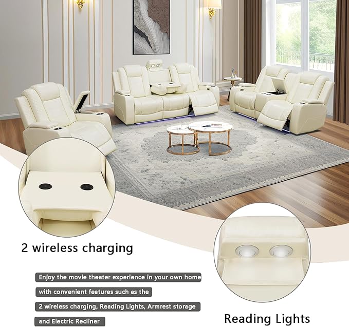A Ainehome Power Leather Recliner Sofa Set with LED Lights, Recliner Sofa Sectional Couches for Living Room, Reclining Sofa and loveseat with USB Port/Storage Console(Creamy White,3-Piece Set)