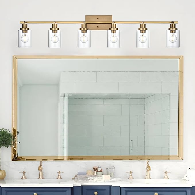 MELUCEE 6 Light Bathroom Vanity Light Fixtures Multi-Directional Rotating Track Lighting Kit Brass, Ceiling Spotlight Fixture for Kitchen Foyer Bath, Clear Glass Shade