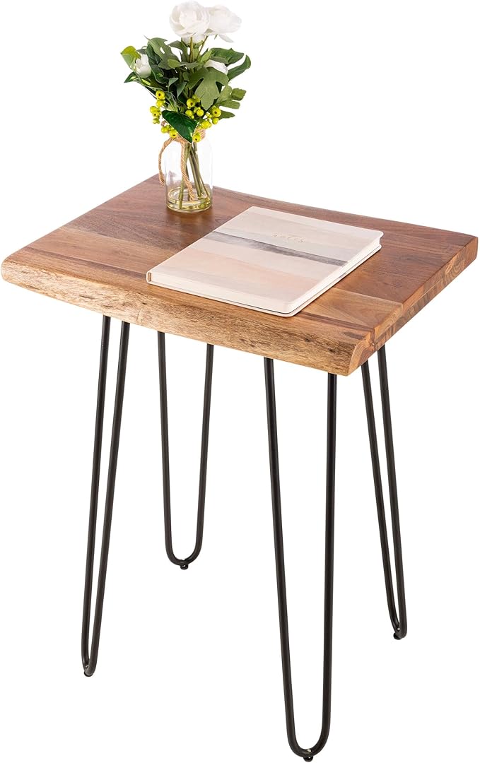Alaterre Furniture Live Edge Wood End Table with Hairpin Metal Legs – Mid Century Modern Living Room Table with Acacia Wood Top (20 Inch)