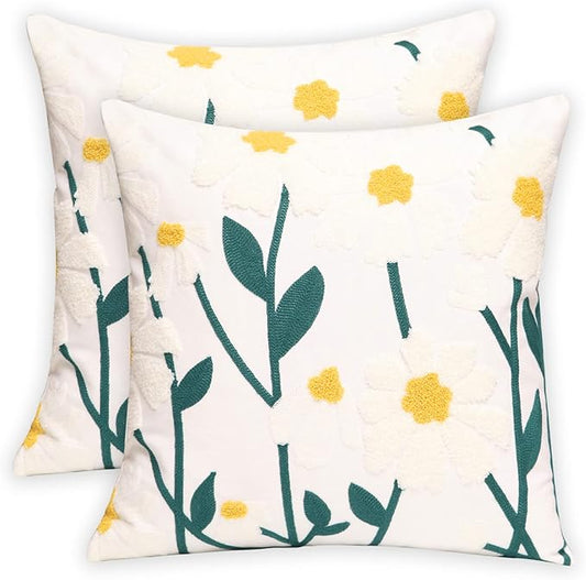 Set of 2 Embroidered Decorative Throw Pillow Covers Couch Square Pillowcases Cushion for Bedroom Sofa Farmhouse Decor 18x18 Inch (Spring Flower)