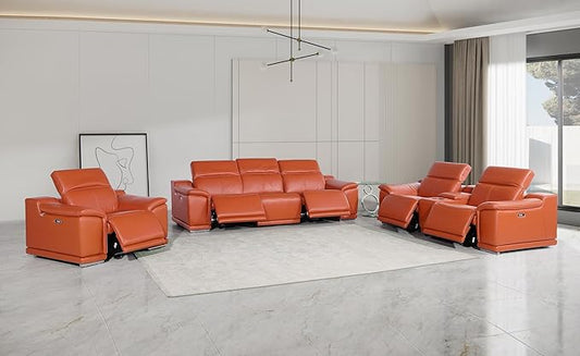 BlackJack Furniture Venice Top Grain Italian Leather Recliner 7 Seater 5 Power Reclining 3 Piece Sofa Set with Adjustable Headrests Modern Seating Sofa, Loveseat and Chair for Living Room , Camel