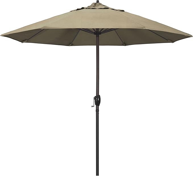 California Umbrella 12-Year Protection 9-Ft Outdoor Patio Umbrella, Sunbrella Fade-Resistant Acrylic Fabric, Auto Tilt and Crank, Heavy-Duty Aluminum Frame/ Reinforced Ribs, Bronze Pole, Heather Beige