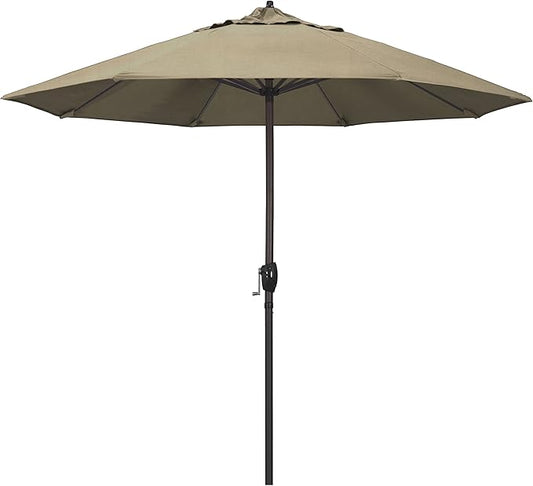 California Umbrella 12-Year Protection 9-Ft Outdoor Patio Umbrella, Sunbrella Fade-Resistant Acrylic Fabric, Auto Tilt and Crank, Heavy-Duty Aluminum Frame/ Reinforced Ribs, Bronze Pole, Heather Beige