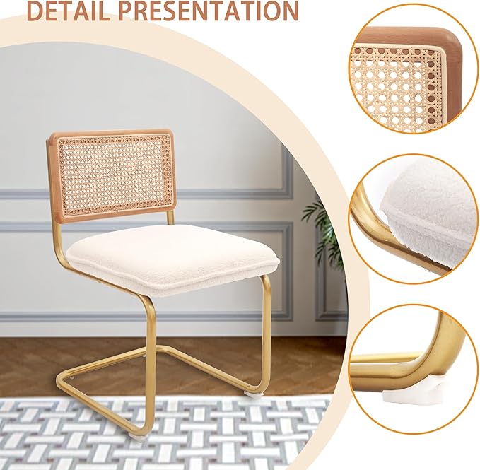 CangLong Modern Dining Chairs Set of 4 with Natural Mesh Rattan Backrest, Upholstered Fleece Seat Armless Accent Chairs with Metal Legs for Kitchen & Living Room, Cream