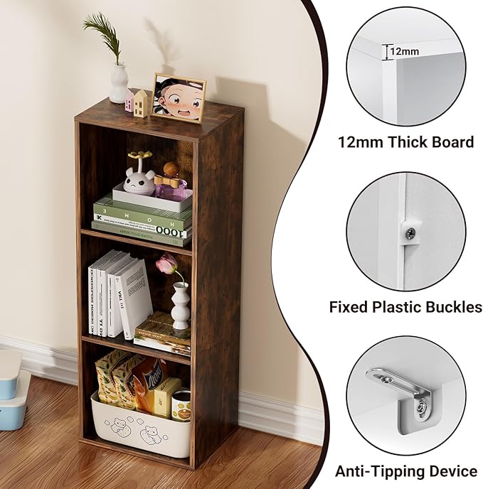 3 Tier Bookshelf, Narrow Bookcase for Small Spaces, Wooden Book Case Bookshelves Storage Organizer for Bedroom Living Room Home Office (Retro Brown, 3 Cube)