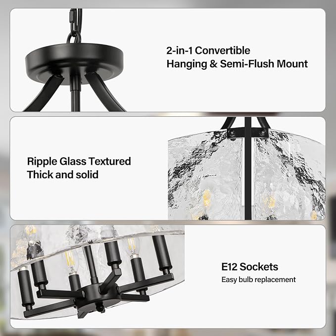 6-Light Black Chandelier, Glass Hanging Pendant Lighting, Convertible Semi Flush Mount Ceiling Light Fixture Modern Textured Glass Chandeliers for Dining Room Kitchen Foyer Entryway