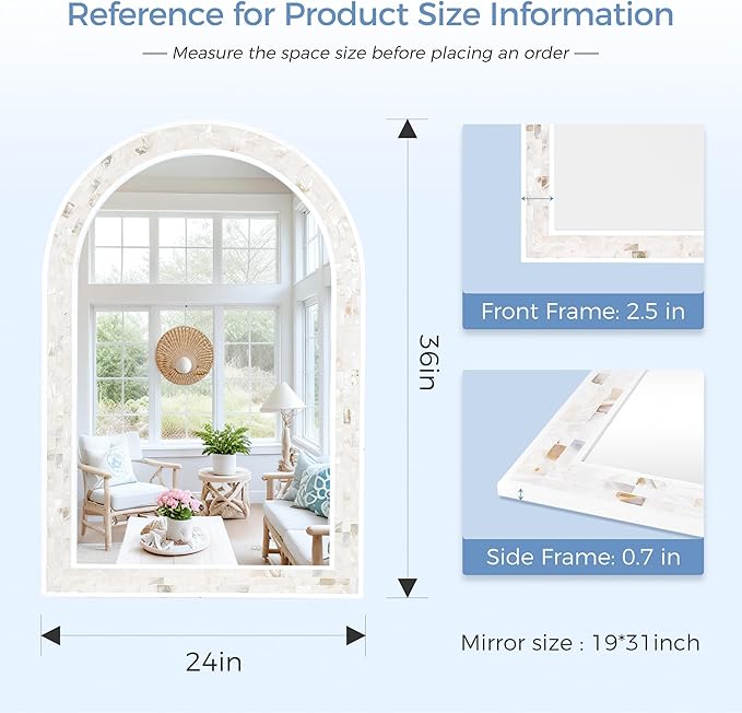 Tanmicoshomy White Arched Wall Mirror 24x36 Inches, Mosaic Bathroom Mirror with Shell Frame for Bathroom Living Room Bedroom or Entryway