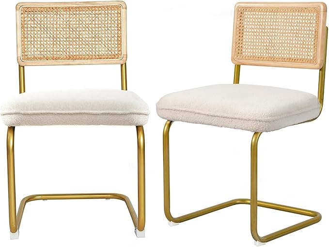 CangLong Rattan Dining Chairs Set of 2, Modern Kitchen Chairs with Natural Mesh Rattan Backrest & Solid Thick Metal Legs, Upholstered Fleece Armless Side Chairs for Living Room, Study, Cream