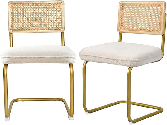 CangLong Rattan Dining Chairs Set of 2, Modern Kitchen Chairs with Natural Mesh Rattan Backrest & Solid Thick Metal Legs, Upholstered Fleece Armless Side Chairs for Living Room, Study, Cream