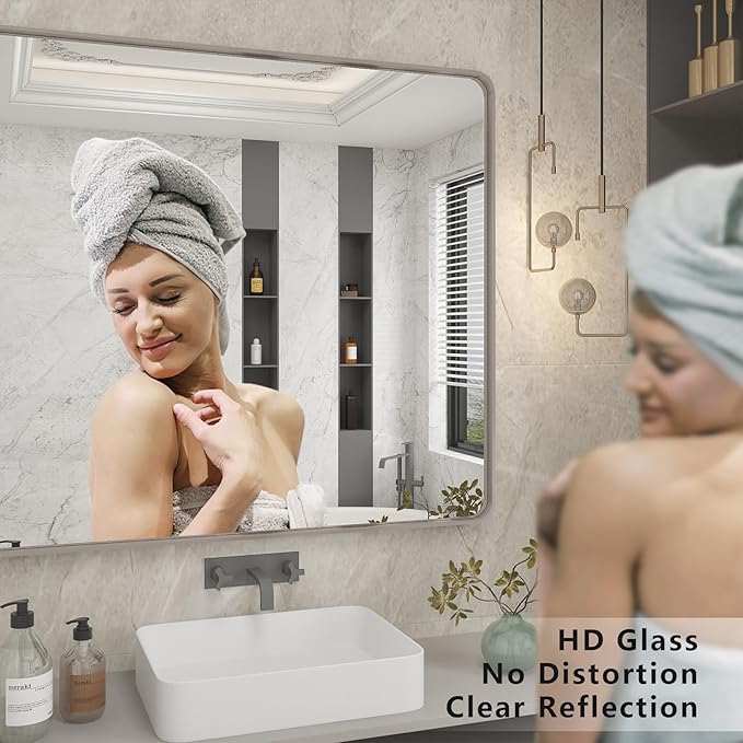 2 Pack of 24x36 Inch Silver Brushed Nickel Bathroom Mirror for Wall, Rounded Rectangle Silver Framed Bathroom Vanity Mirror, Anti-Rust, Shatterproof, Hangs Horizontally or Vertically