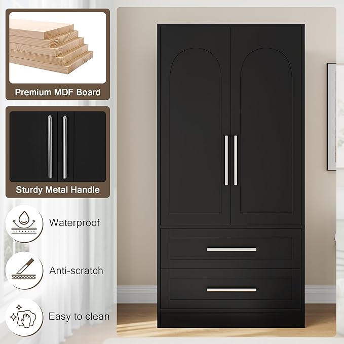 Wooden Armoire Wardrobe Closet with 2 Doors and 2 Drawers,Freestanding Armoire Storage Cabinet with Shelves,Tall Clothing Storage Cabinet Suitable for Bedroom,Black